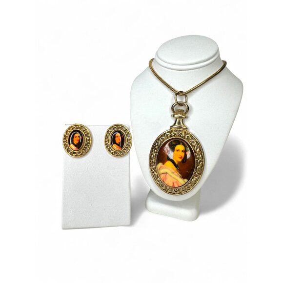 M. Jent Jewelry - M. Jent Vintage Gold Tone Oval Ceramic Portrait Necklace Earrings Set